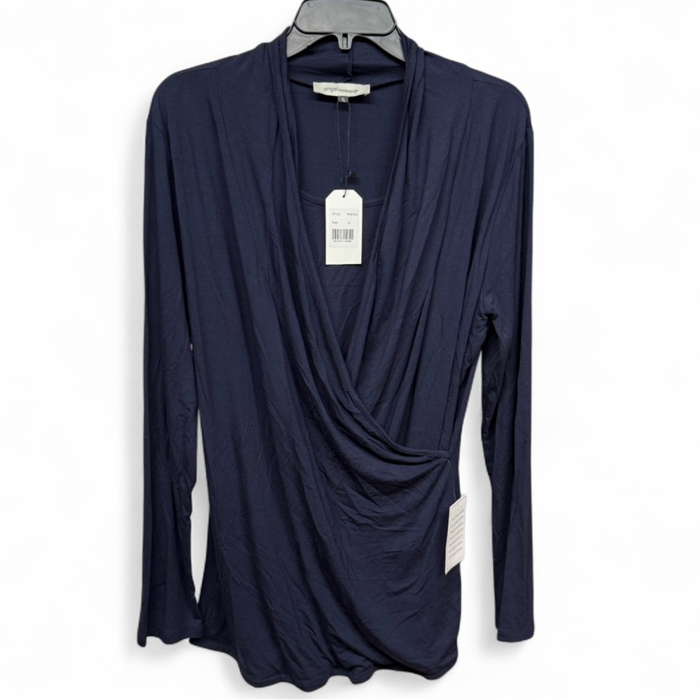 **SOLD** Angel Maternity Navy Blue Bamboo Wrap Top - Picture 2 of 7